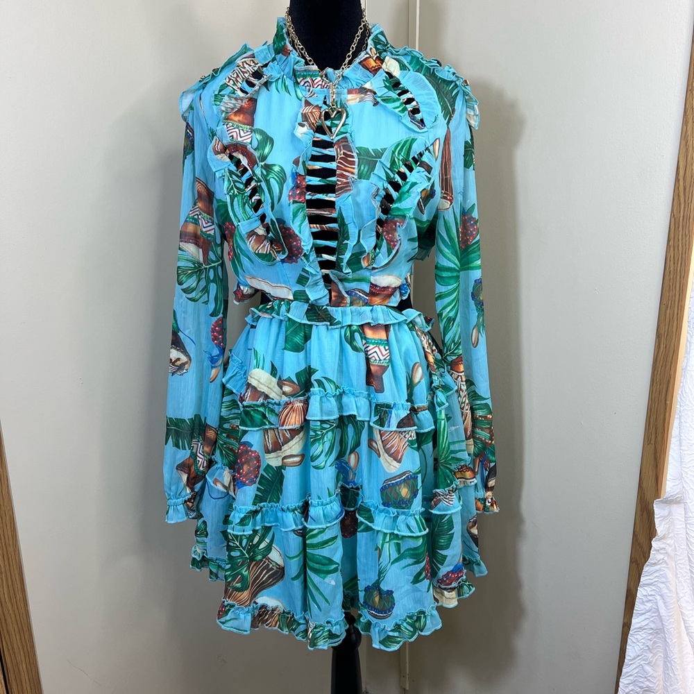 L'ATISTE Blue Tropical Print Dress